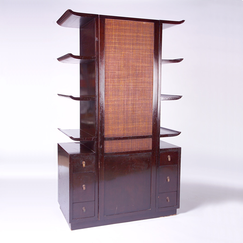 Appraisal: MODERNAGE Attr Pagoda-shaped armoire c with eight open shelves and