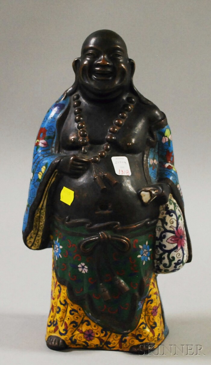 Appraisal: Modern Asian Bronze and Cloisonne Standing Buddha Figure ht in