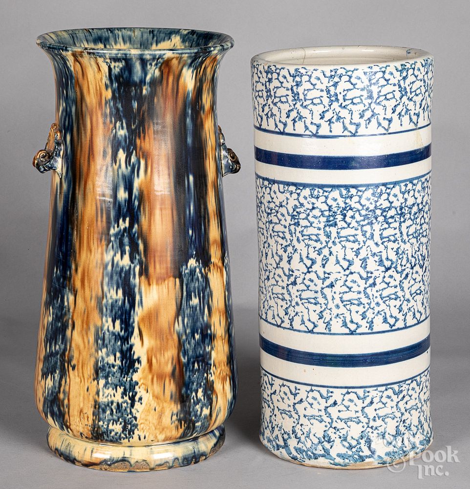 Appraisal: Blue spongeware umbrella stand Blue spongeware umbrella stand together with