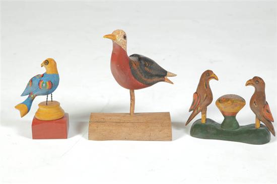 Appraisal: THREE FOLK ART BIRDS American nd half- th century softwood