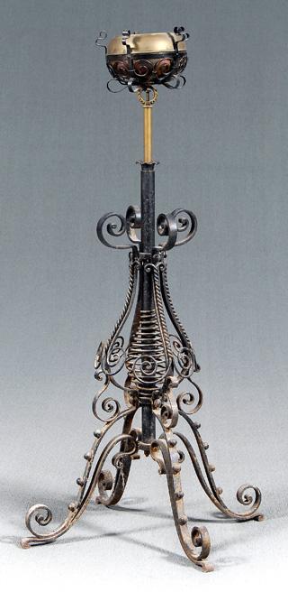 Appraisal: Wrought iron brass adjustable lamp brass telescoping font above elaborate