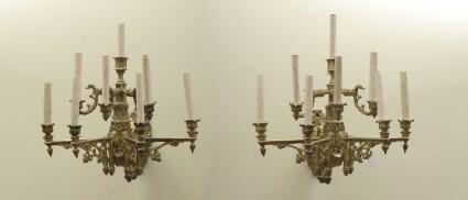 Appraisal: PAIR OF GOTHIC REVIVAL GILT-METAL SEVEN-LIGHT WALL SCONCES Each with