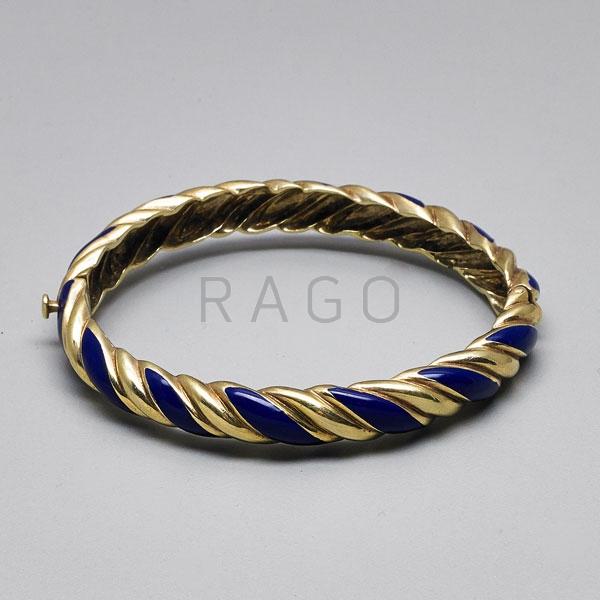 Appraisal: ENAMELED K YELLOW GOLD HINGED BANGLE Condition Report