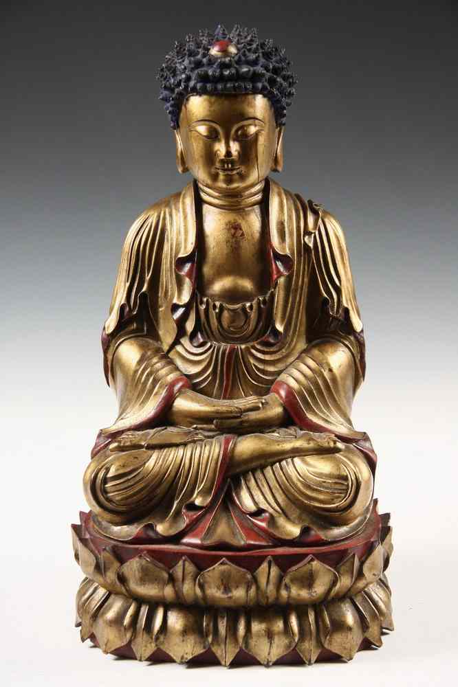 Appraisal: GILTWOOD BUDDHA - Early th c Taoist Altar Figure of