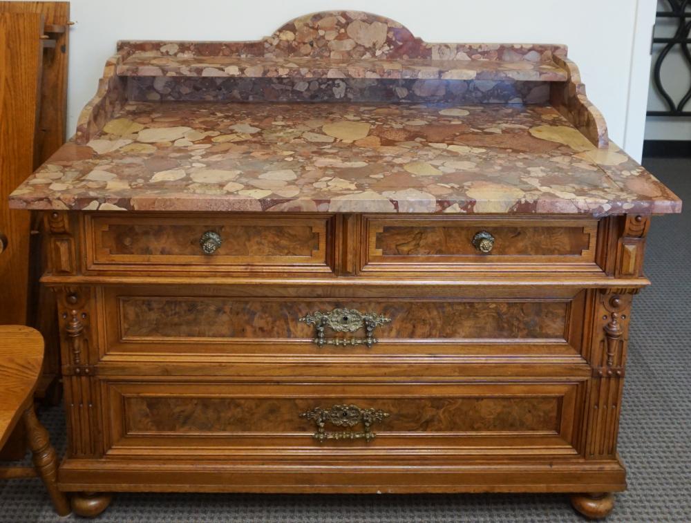 Appraisal: VICTORIAN RENAISSANCE STYLE WALNUT AND BURLWALNUT MARBLE TOP WASH STAND