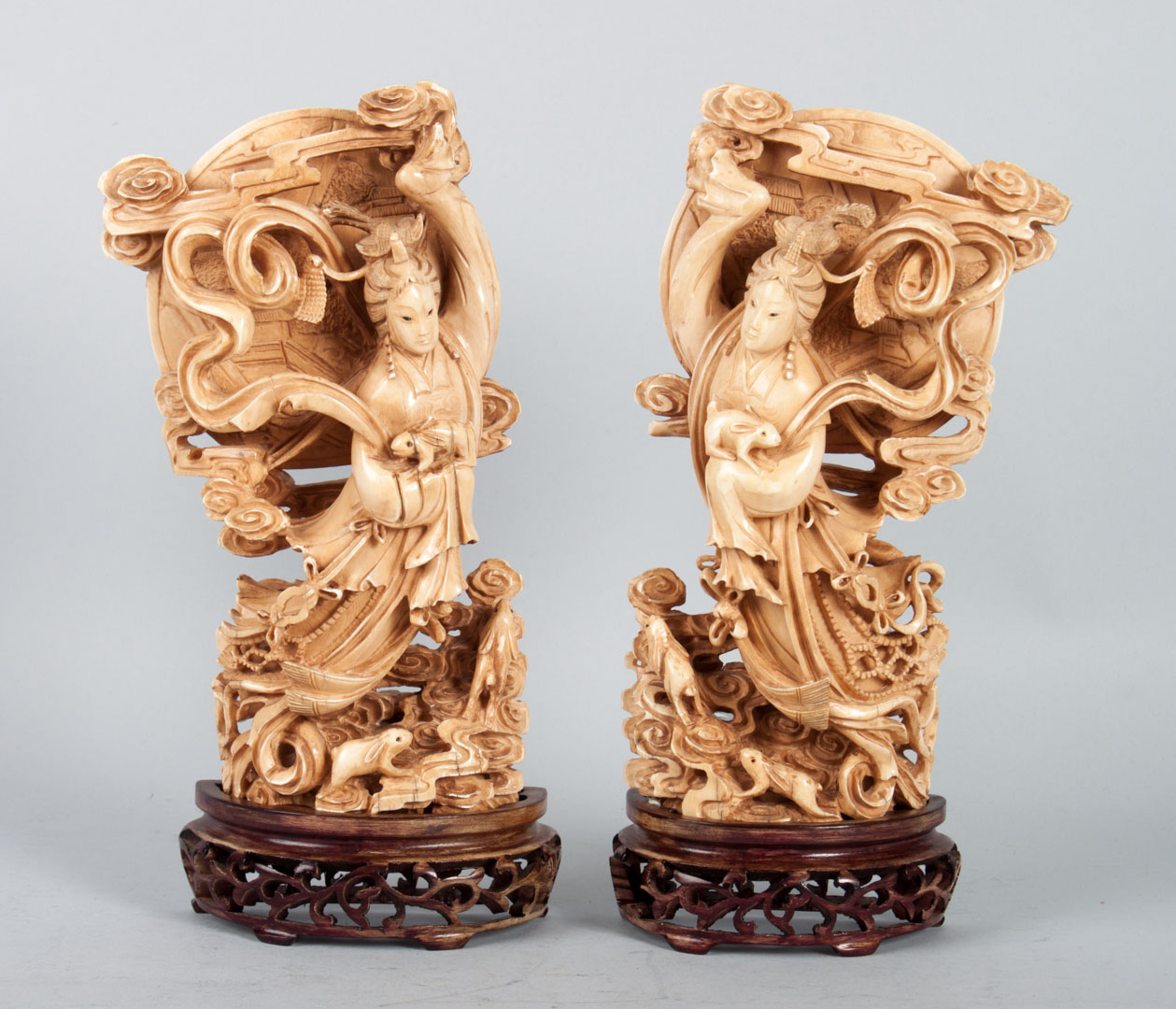 Appraisal: Pair of Japanese carved ivory moon goddess figures matched pair