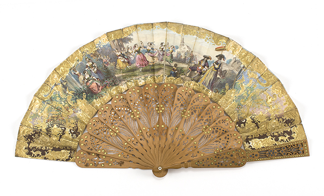 Appraisal: PARCHMENT AND SANDALWOOD FOLDING FAN Spanish th CenturyLithographed leaf of