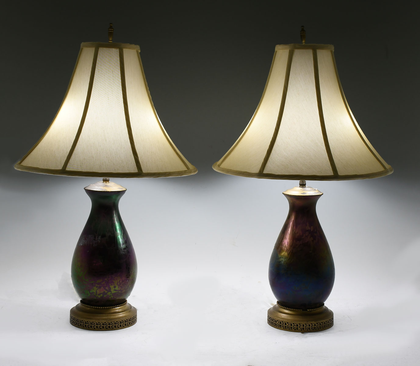 Appraisal: PAIR OF LOETZ ART GLASS LAMPS Green purple - light