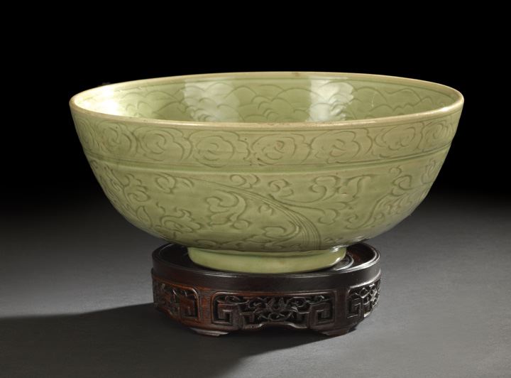 Appraisal: Large Chinese Incise-Decorated Celadon Porcelain Bowl Ming Dynasty - the