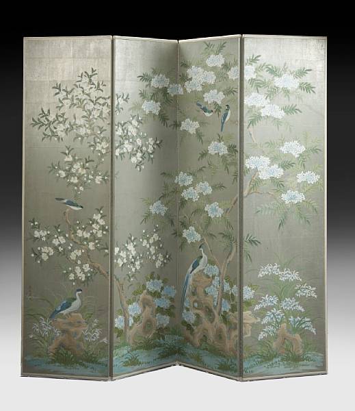 Appraisal: A chinoiserie paint decorated four panel floor screen Robert Crowder