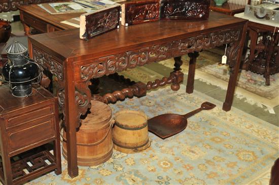 Appraisal: PAIR OF ORIENTAL STYLE TABLES Walnut tables having carved openwork