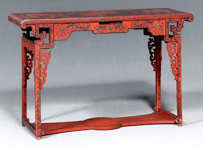 Appraisal: Chinese red lacquered side table top with painted panels cartouche