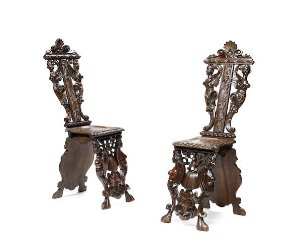 Appraisal: A pair of Venetian th century and later walnut sgabelli