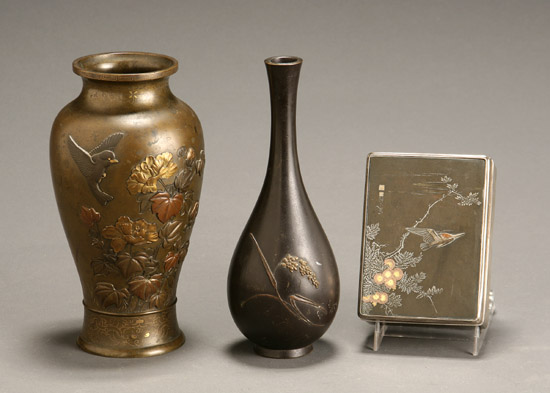 Appraisal: Two Japanese Inlaid Soft Metal Vases and a Silver Box