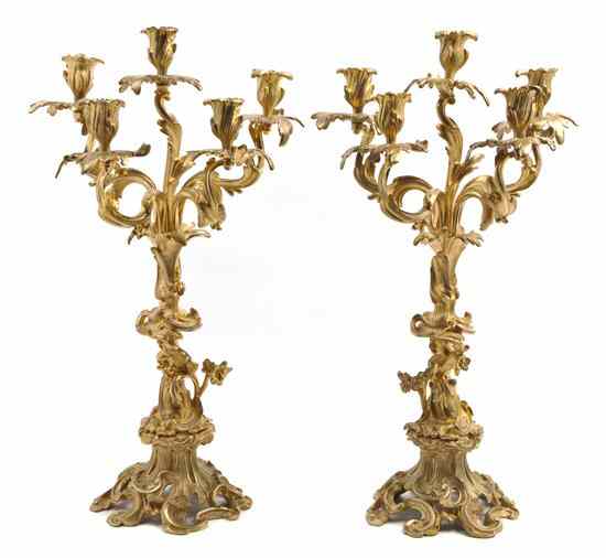 Appraisal: A Pair of Louis XV Style Gilt Bronze Five-Light Candelabra