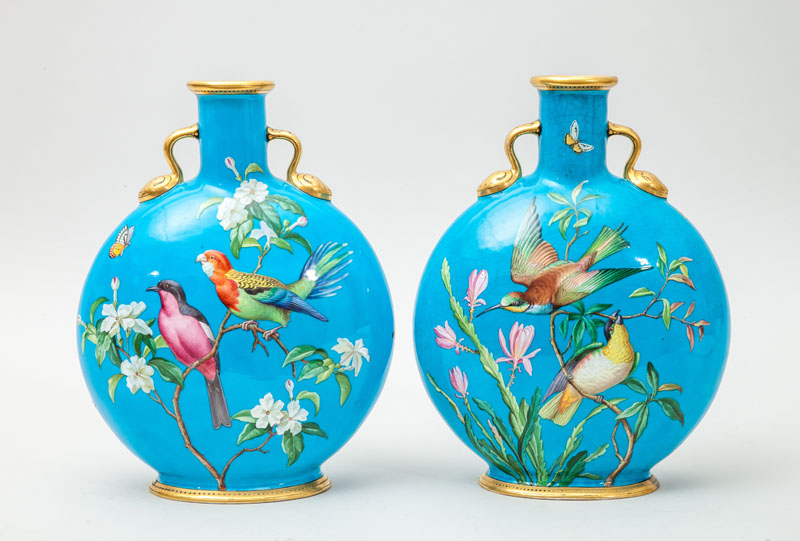 Appraisal: PAIR OF AESTHETIC MOVEMENT PORCELAIN MOON FLASKS ATTRIBUTED TO MINTON