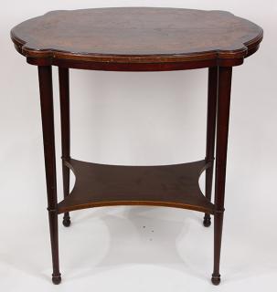 Appraisal: Edwardian rosewood marquetry side table having two tiers inlaid with