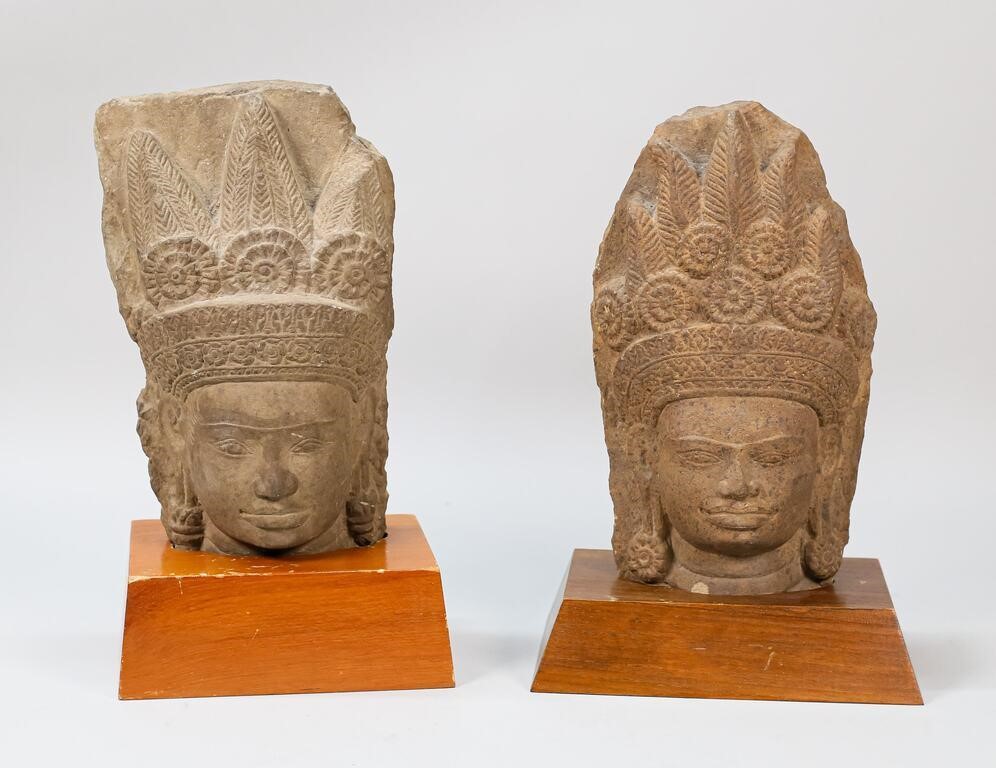 Appraisal: Two bas-relief Angkor Wat style Khmer carved stone heads one