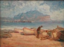 Appraisal: Coastal Fishing Scene ca th Century Men sorting out the