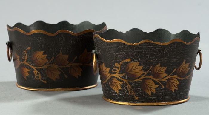 Appraisal: Diminutive Pair of French Black and Gold Tole-Peinte Two-Handled Cachepots