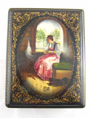 Appraisal: A Russian lacquer box with shaped sides the picture a