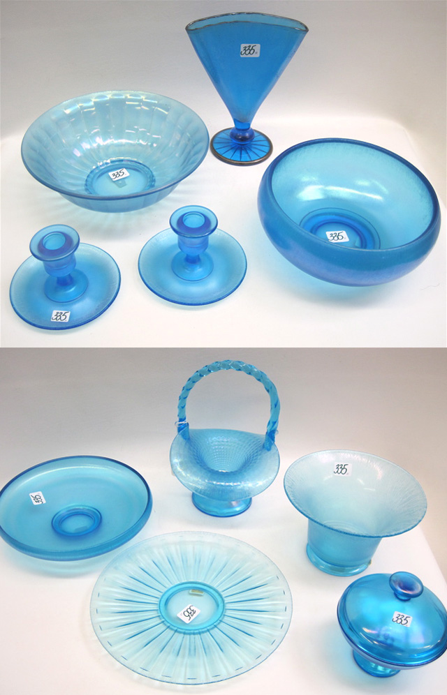 Appraisal: TEN PIECES BLUE STRETCH GLASS bowls to D basket H