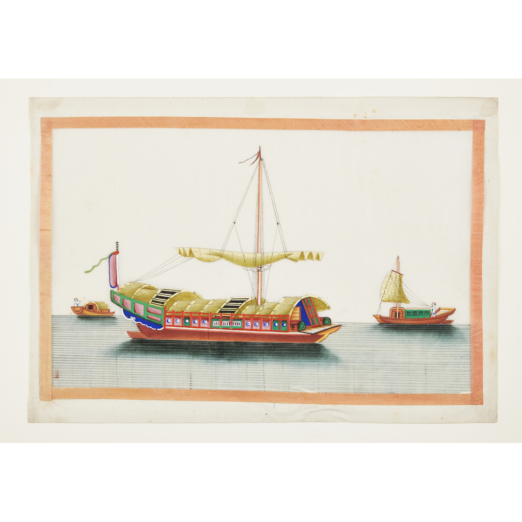 Appraisal: SET OF NINE PITH PAPER PAINTINGS OF BOATS AND JUNKS