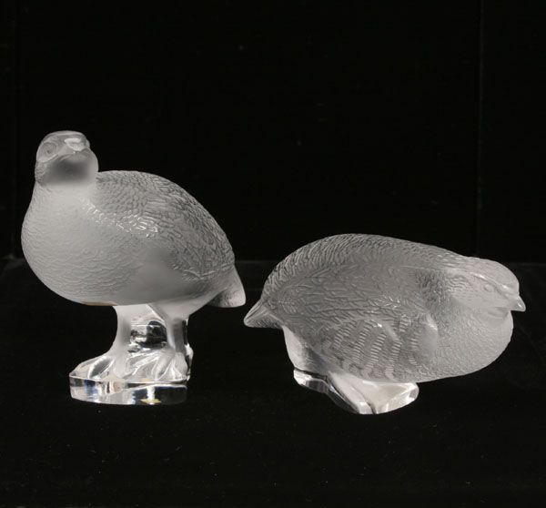 Appraisal: Two Lalique frosted art glass quail Tallest H Both signed