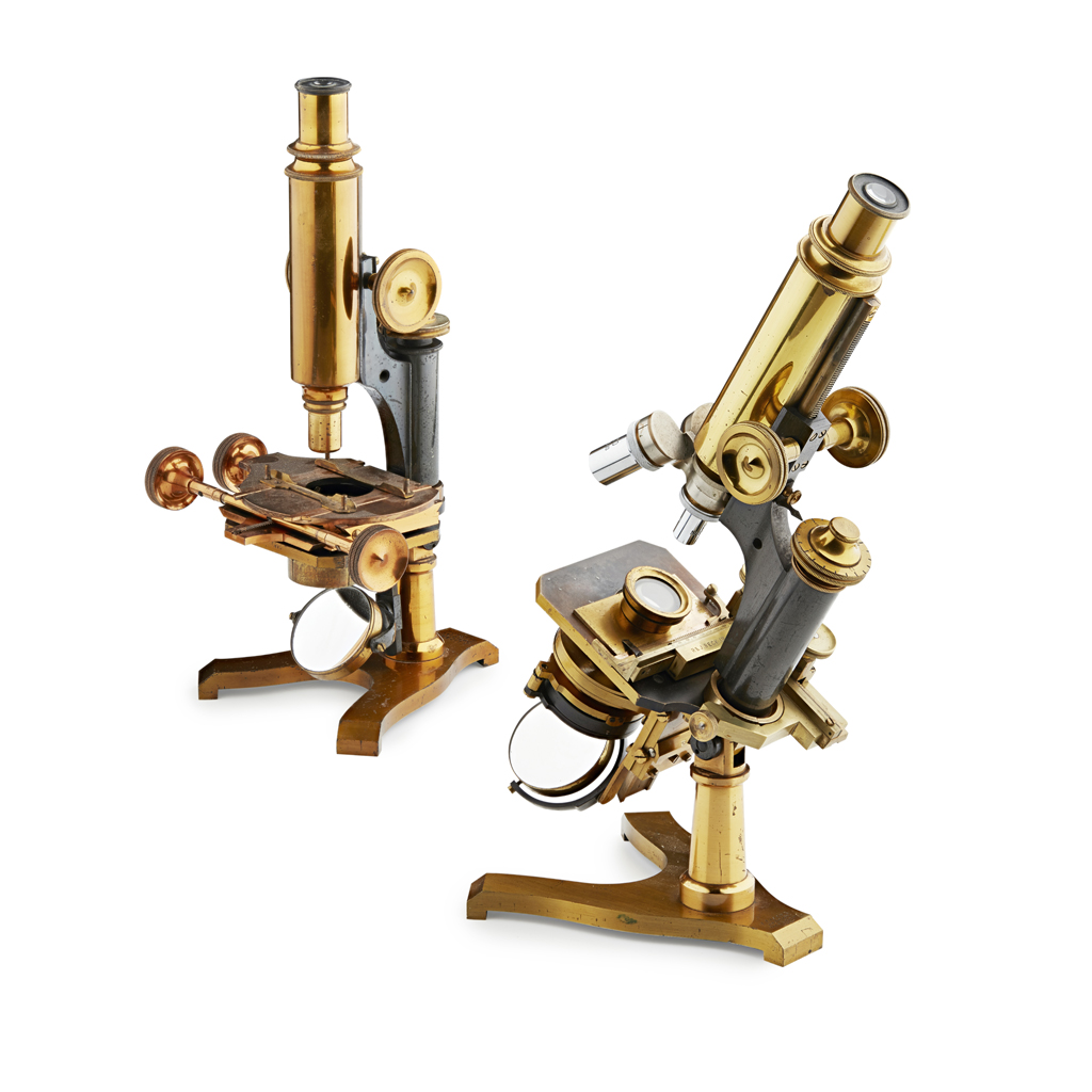 Appraisal: TWO BRASS MONOCULAR COMPOUND MICROSCOPES BY J LIZARS GLASGOW LATE