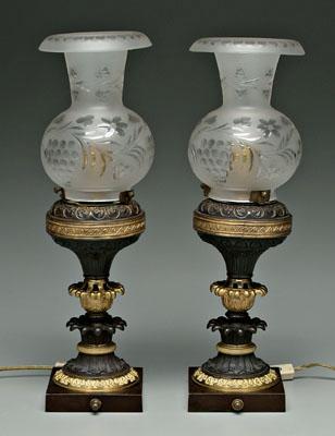 Appraisal: Pair ormolu mounted lamps each with intaglio-cut globes above ormolu