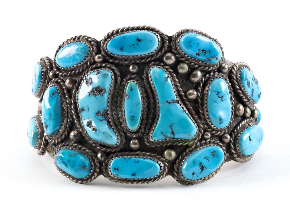 Appraisal: EXCEPTIONAL SILVER AND TURQUOISE CLUSTER BRACELET MID- TH CENTURY APPROX