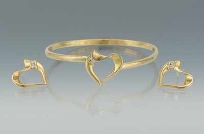 Appraisal: A Ladies' k Gold and Diamond Heart Bangle Bracelet and