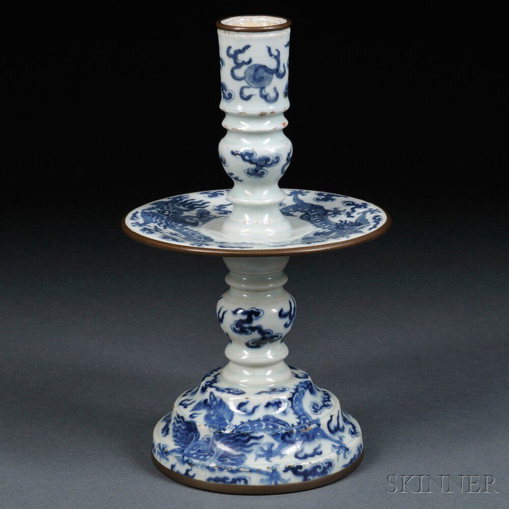 Appraisal: Blue and White Composite Candlestick China late Ming Dynasty molded