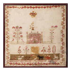 Appraisal: An English Needlework Embroidered Schoolgirl s Sampler Wrought by Ellen