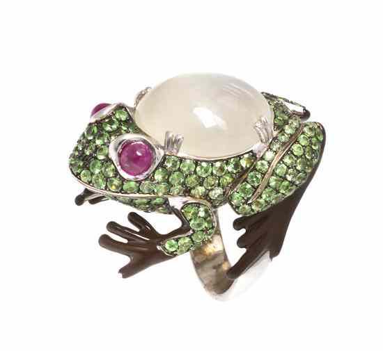 Appraisal: A Sterling Silver Tsavorite Pink Sapphire Enamel and Moonstone Frog