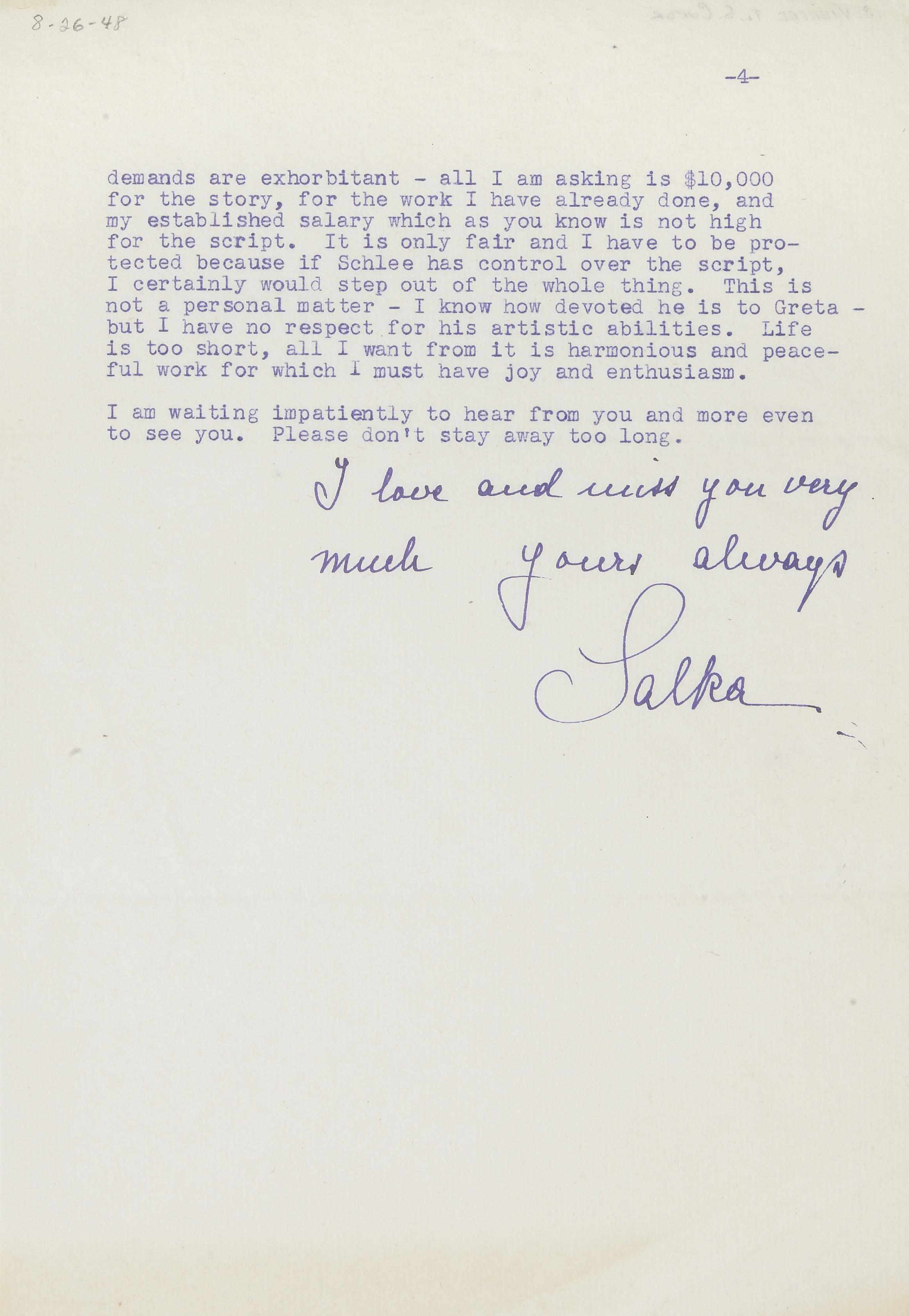 Appraisal: VIERTEL SALKA - Typed Letters Signed ''Salka'' pp recto and