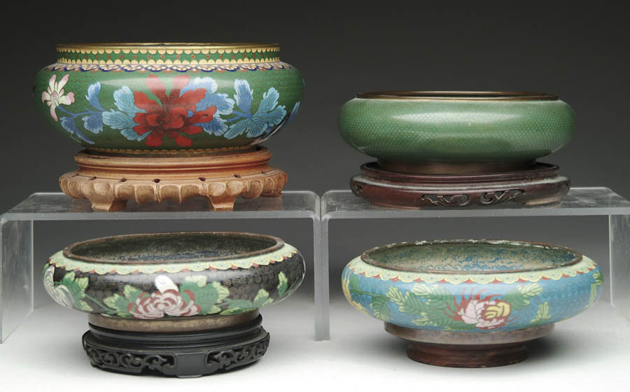 Appraisal: FOUR LOW WIDE CLOISONN PLANTERS WITH FOUR STANDS - h