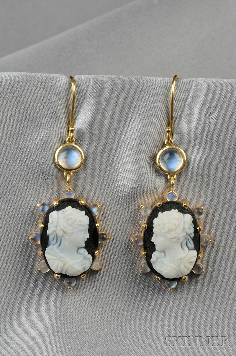 Appraisal: Hardstone Cameo and Moonstone Earpendants each cameo depicting a maiden