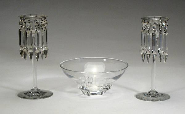 Appraisal: A Steuben glass trefoil bowl and a pair of Sinclair