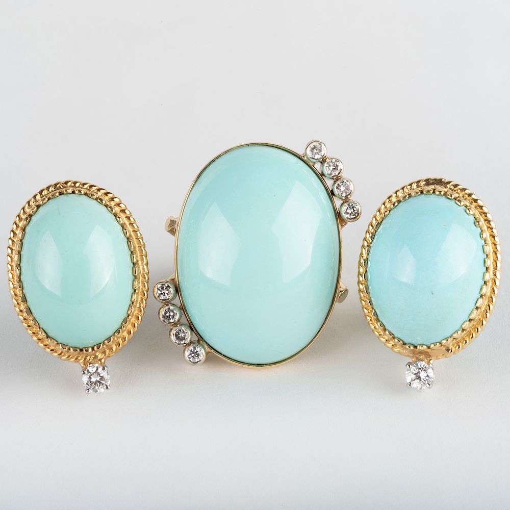 Appraisal: Pair of k Gold Diamond and Turquoise Earclips and Matching