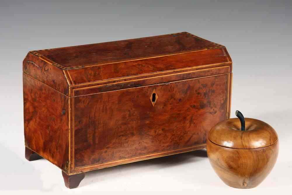 Appraisal: ENGLISH TEA CADDIES - Including Burlwood Casket Top Oblong Caddy