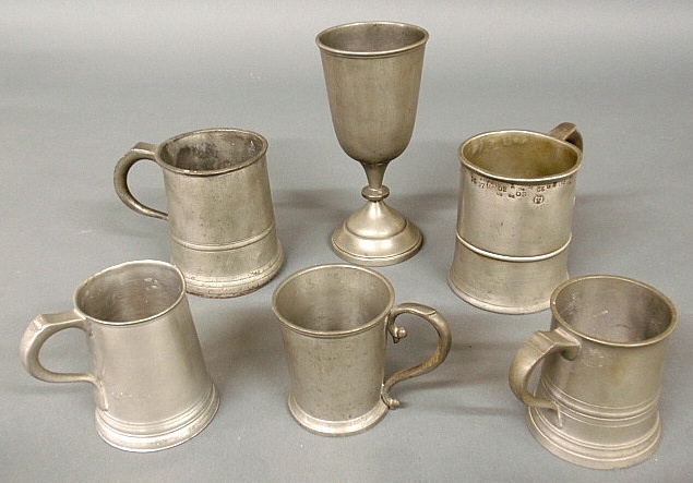 Appraisal: - Five English pewter mugs largest and a chalice h