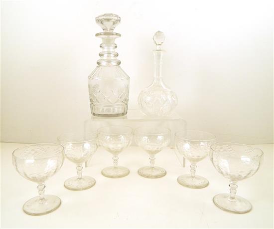 Appraisal: GLASS Two decanters and six champagne glasses th C eight