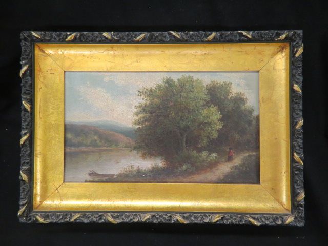 Appraisal: Victorian Oil Painting Susquehanna River boat along shore and figurine