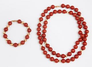 Appraisal: K Yellow Gold and Red Coral Bead Necklace and Br