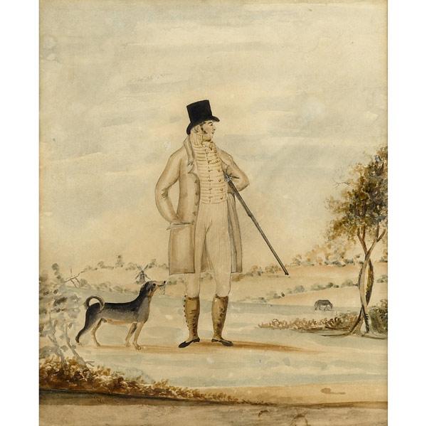 Appraisal: TH C HUNTING PAINTING Untitled Hunter with Dog watercolor on