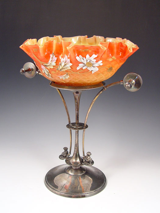 Appraisal: WHEELING PEACH BLOW ART GLASS BRIDES BOWL IN HOLDER Glossy