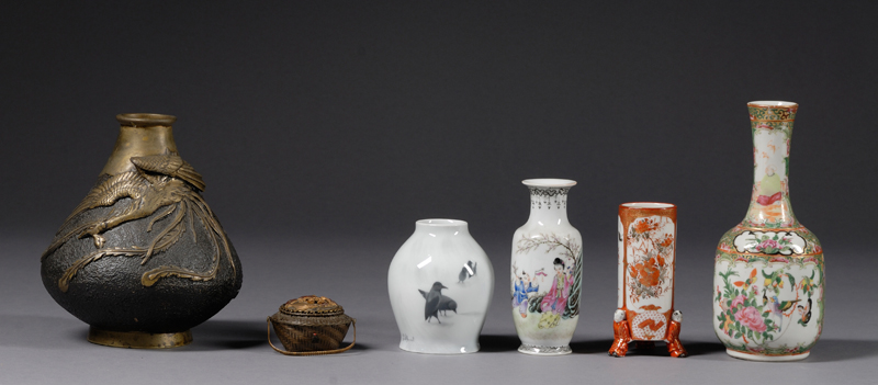 Appraisal: Six Asian Pieces four porcelain vases a bronze vase with