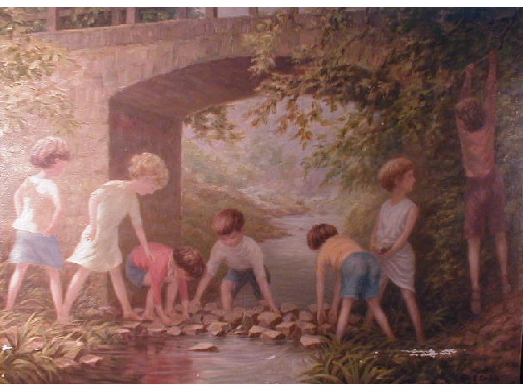 Appraisal: Ernest Costin Children building a dam oil on canvas signed