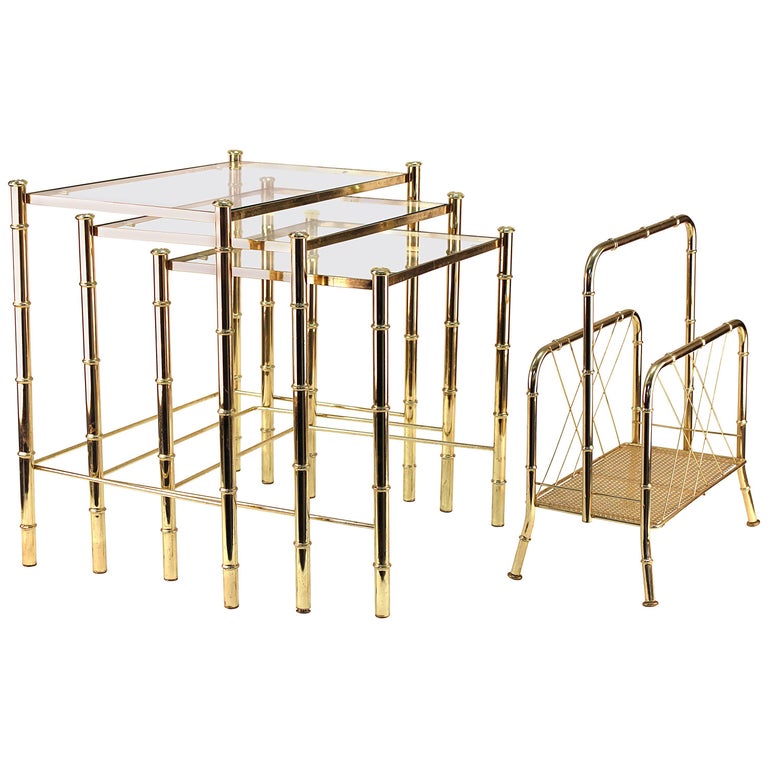 Appraisal: FAUX BAMBOO GILT NESTING TABLES MAGAZINE STAND Nesting table and